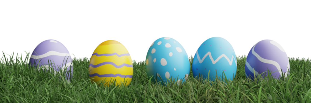 Colorful Easter eggs row in green grass spring holiday Copy space. 3d rendering