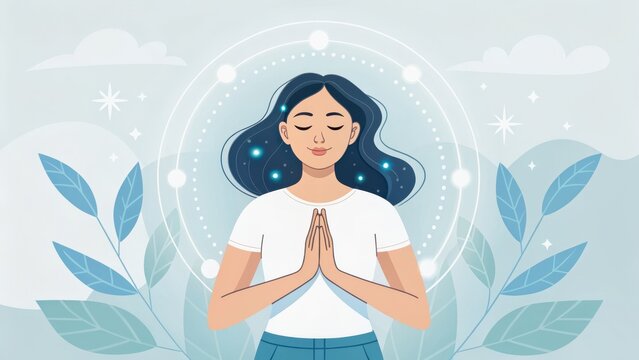 Ai mental health companion concept. Meditative woman surrounded by nature and calming elements. - Powered by Adobe