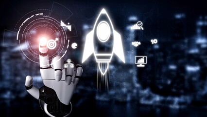 Obraz premium Startup launch and business growth concept, rocket symbolism, entrepreneurship, startup innovation, and early-stage success strategies for new business development and expansion. Muxer