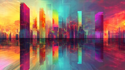 Vibrant abstract futuristic cityscape featuring colorful gradient skyscrapers reflected on a digital surface. Ideal for technology, modern design, or urban development