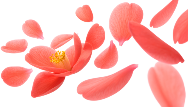 Delicate pink camellia petals scattered in the wind, evoking a sense of lightness and ephemeral beauty