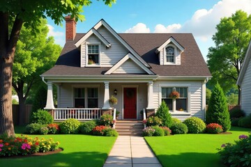 A charming suburban family home with a well-maintained lawn, vibrant flowers, and a welcoming front porch, perfect for a postcard or real estate listing ,  fence,  idyllic
