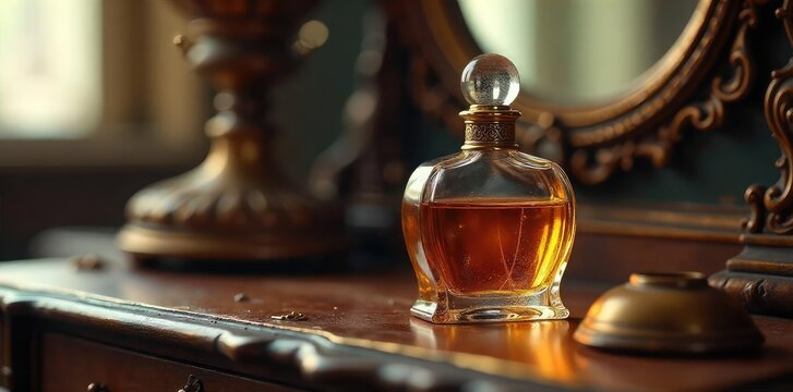 A vintage perfume bottle, ornately designed, sits on an antique vanity table, surrounded by antique accessories  Elegant, nostalgic, and full of old-world charm ,  art nouveau,  spray,  antique