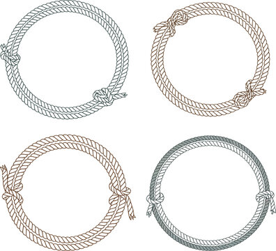 Rope circle frame set, nautical twisted borders with knots, vintage round decoration vector illustration, rustic lasso.