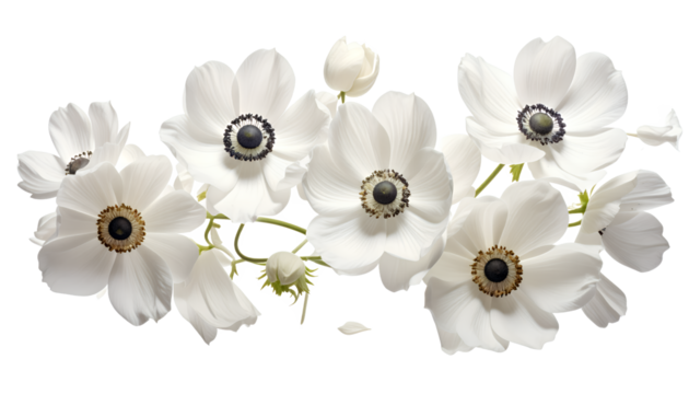 Exquisite garland of detailed white anemone flowers with contrasting dark centers, a minimalist floral composition isolated on white