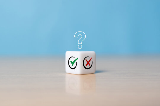 Tick mark and cross mark on a dice. the decision between Yes or No choice symbol for approval or rejection. Change or choose a method or business strategy concept. Copy space with question mark