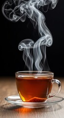 Steaming Hot Tea in a Clear Glass Cup on a Wooden Table with a Dark Background.
