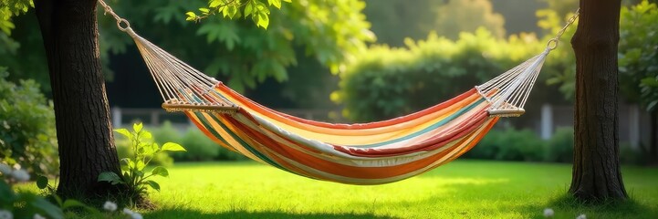 A tranquil scene of a striped hammock gently swaying in a lush green garden, bathed in sunlight  Perfect for relaxation and peaceful escape , peaceful, relaxation, nature