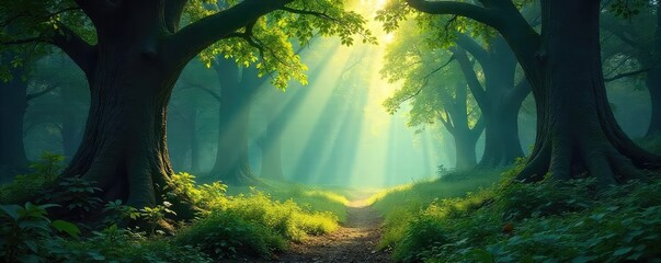 Obraz premium Deep shadows and dappled sunlight filter through a dense forest canopy, creating a mystical woodland scene Perfect for fantasy, nature, or fairytale themes , roots, canopy, undergrowth