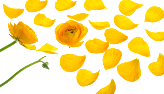 Yellow flower petals scattered on a white background with one flower in focus, evoking a sense of spring and beauty