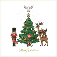 create Colorful Valentine's Day design idea sets, decorations, headings, vector acreate holy card with decorative Christmas Tree, Nutcracker, Elf, Dove, reindeers with white background