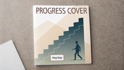 Elegant progress cover design with person walking up stylized stairs on textured background for motivational themes