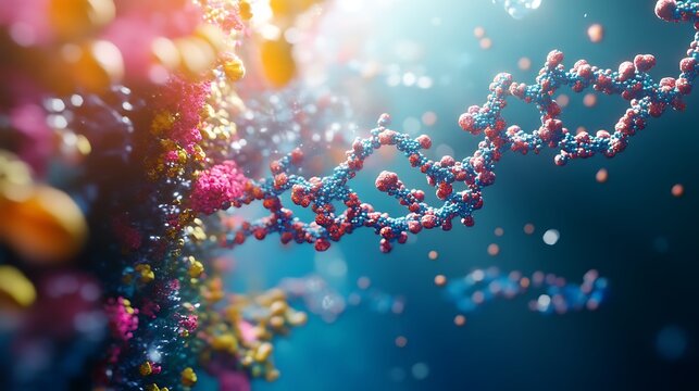 Colorful molecular strands, with detailed red and blue spheres, twist against a soft, gradient background