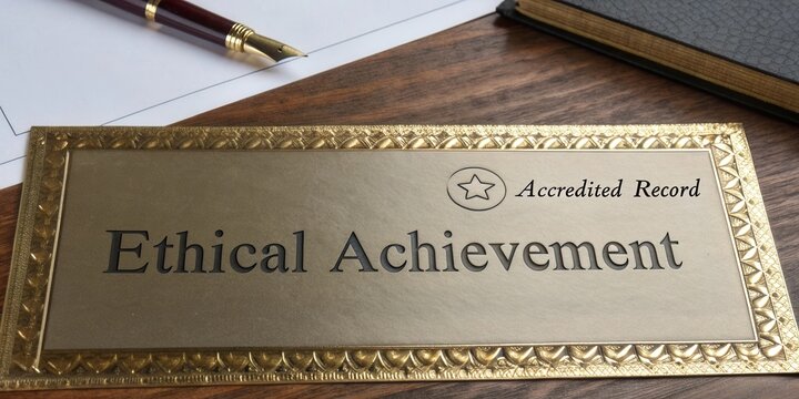 Elegant plaque featuring Ethical Achievement for recognition, with a pen and notebook in the background on a wooden desk