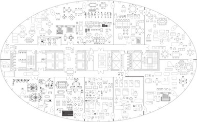 Office Structure and Interior Furniture Layout Drawing – Workstations, Cabinets, Meeting Table, and Sofa