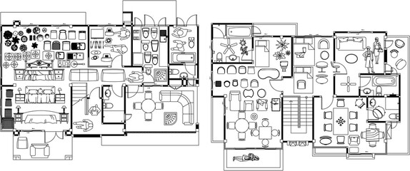Two-Story Residential Building Floor Plan Framework – Level 1 and Level 2 with Interior Furniture Layout and Drafting Equipment