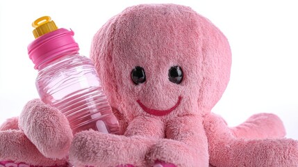Cute Mascot Octopus Promotes Hydration With Water Bottle in a Soft Lifestyle Setting for Wellness Awareness