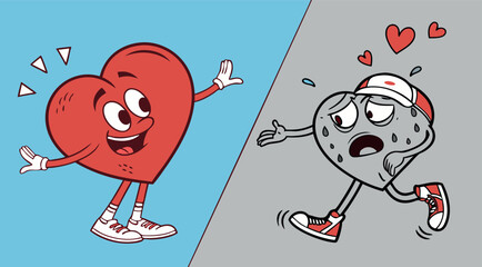 Healthy vs. Unhealthy Heart Comparison: Happy Character and Tired Heart Running