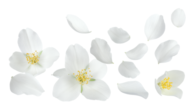 Beautiful white jasmine flowers and petals scattered around, creating an ethereal and delicate natural arrangement isolated on a white background