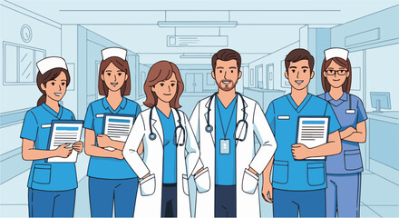 Professional medical team of doctors and nurses standing together in a hospital corridor, a concept of healthcare and teamwork