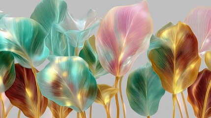 A vibrant, abstract floral arrangement with a mix of pastel and metallic hues, set against a neutral background.