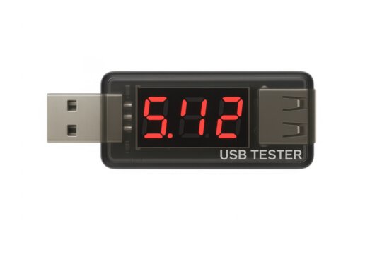 Usb voltage tester displaying digital power reading on transparent background