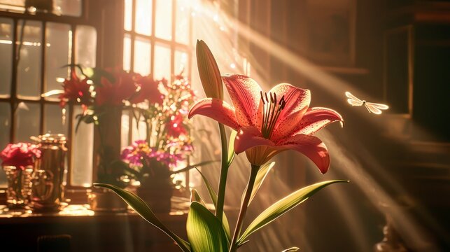 A close-up of a vibrant orange tiger lily with delicate spots, illuminated by dramatic sunbeams streaming through a window. A small dragonfly hovers nearby, add - Powered by Adobe