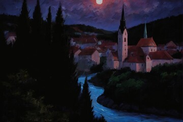 Fototapeta premium A serene night scene of a quaint village nestled along a glowing river, with red-roofed houses and tall spires silhouetted against a twilight sky illuminated by a full moon. Dark trees frame the view,
