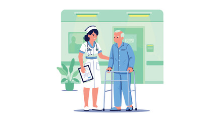 Elderly man with walker assisted by a nurse in a hospital hallway, symbolizing healthcare and elderly care