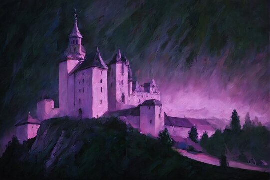 A hauntingly beautiful medieval castle perched atop a cliff, bathed in an eerie purple glow under a stormy night sky. The dramatic lighting and textured brushstrokes evoke mystery and fantasy.