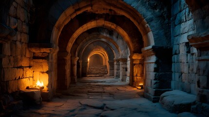 Fototapeta premium Ancient stone corridor features repeated arches illuminated by warm torchlight
