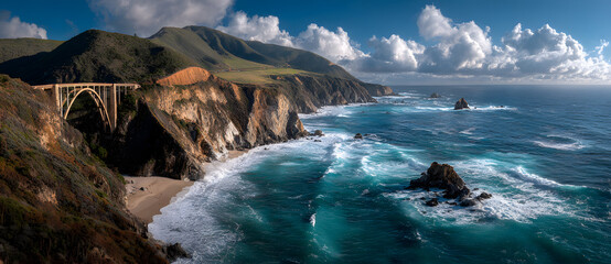 Panoramic view of Bixby Creek Bridge and the dramatic Pacific Ocean coastline, Big Sur, California