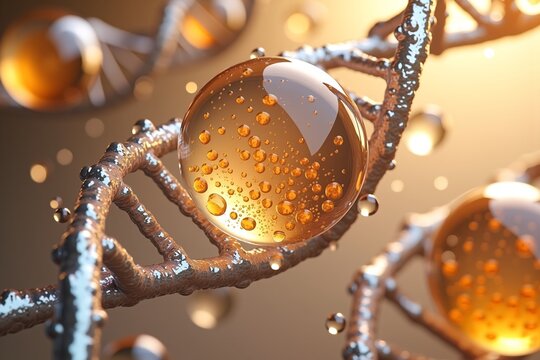 Golden DNA strands hold glowing droplets, symbolizing life's molecular essence in warm, scientific wonder.