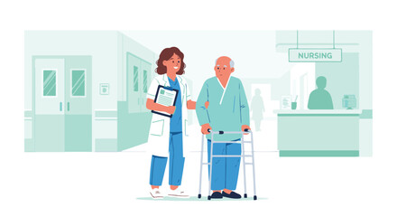 Healthcare Professional Assisting Elderly Patient with Walker in Hospital Setting