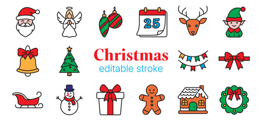 Obraz premium Christmas colorful icons set with editable stroke. Festive vector illustration includes Santa Claus, angel, baubles, calendar, deer, elf, bell, Christmas tree, garlands, sleigh, snowman etc.