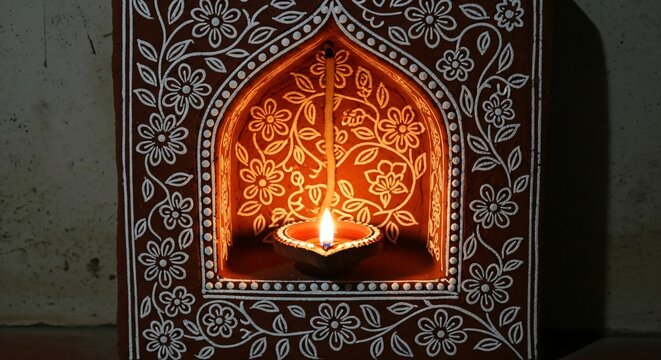 Traditional Indian Rangoli Art with Diya Lamp Celebrating Diwali Festival of Lights
