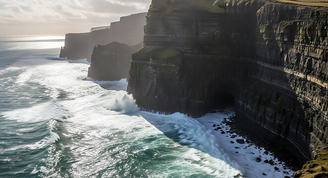 Dramatic coastal cliffs meet the powerful ocean waves under a cloudy sky.