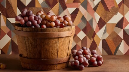 Abundant bunches of ripe red and purple fruit overflow from a rustic wooden container set against an abstract geometric background.