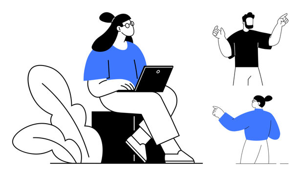 Woman works on laptop seated near foliage, two standing team members discuss, gesture, and contribute. Ideal for teamwork, collaboration, remote work, brainstorming, technology digital productivity