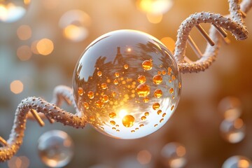 Golden DNA strands hold glowing droplets, symbolizing life's molecular essence in warm, scientific wonder.