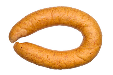Semi-smoked chicken sausage on a white background. Sausage ring isolated