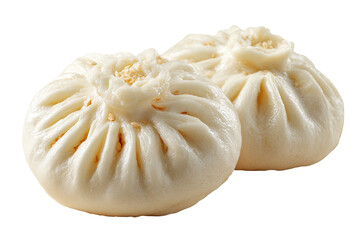 Two fluffy, white, steamed bao buns with sesame seeds
