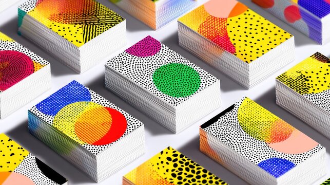 A stack of colorful business cards with geometric patterns and vibrant colors.