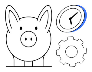 Piggy bank represents savings, clock indicates time management, and gear implies operation or process. Ideal for finance, business, productivity, economics, savings planning time. Simple flat