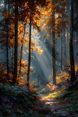 Obraz premium Autumn forest at morning with rays of warm sun light shine through branches and vivid gold and red fall leaves.