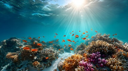 Obraz premium Vibrant coral reef ecosystem thrives beneath sunlit ocean surface