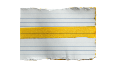 Torn lined paper piece with a yellow tape strip