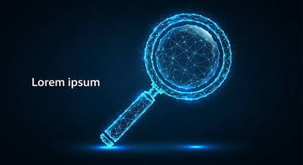 Digital magnifying glass with glowing blue geometric network on dark background search technology