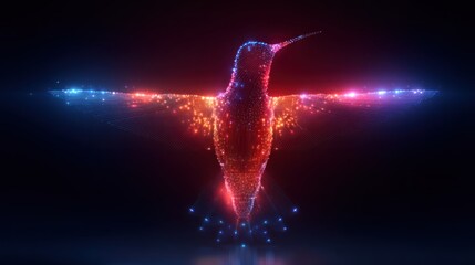A vibrant, abstract digital hummingbird with glowing, colorful particles and lights, set against a dark, starry background.