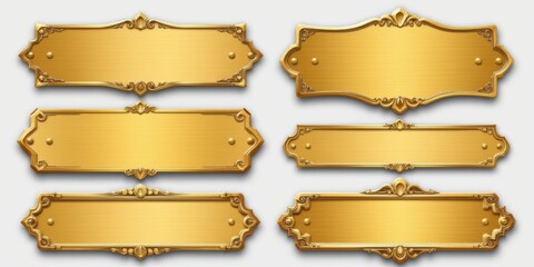 Decorative golden nameplates with ornate borders.